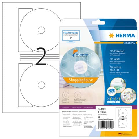 CD-Etiketten permanent, Ø116mm, 20 Stück, weiß HERMA 8624