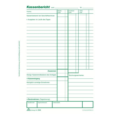 Kassenberichtsblock - mit gesondertem Mehrwertsteuerausweis, A5, 50 Blatt RNK 3146