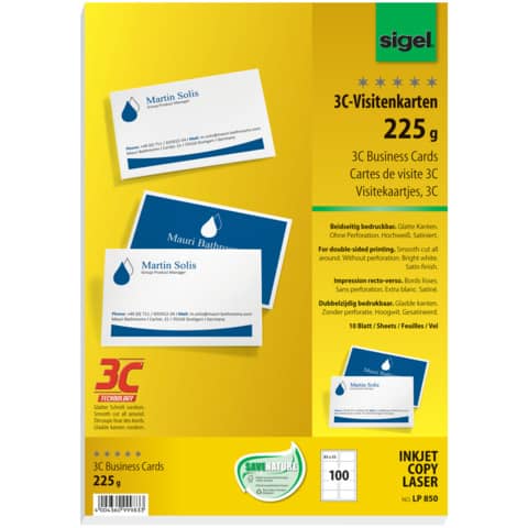 Visitenkarten 3C, A4, 225g/m², 100 Stück, blanko, weiß SIGEL LP850