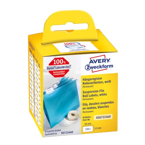 Rollen-Etiketten permanent, 12x50mm, 220 Stück, weiß AVERY ZWECKFORM AS0722460