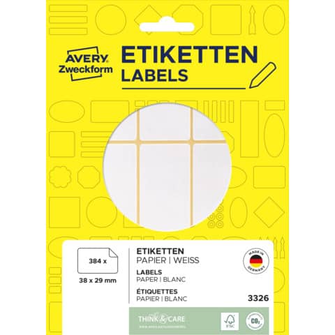 Vielzwecketiketten, 38x29mm, 384 Stück, weiß AVERY ZWECKFORM 3326