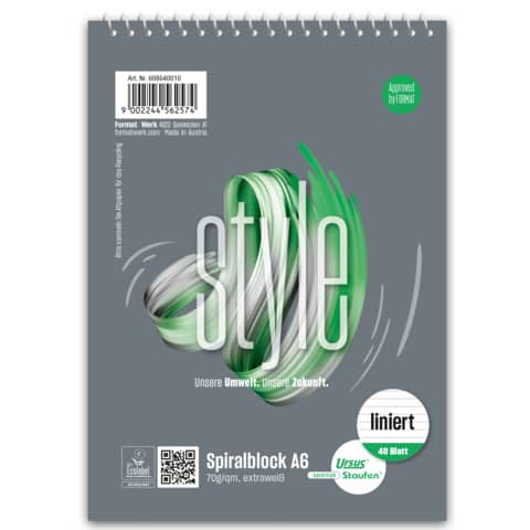 Spiralblock, A6, 70g/m², 40 Blatt, liniert STAUFEN STYLE 608640010