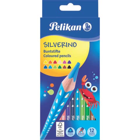 Farbstifte 12 Stück Silverino, dreieckig, dünn, 3 mm, sortiert PELIKAN 100401597