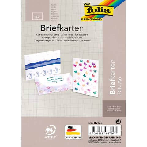 Briefkarte, A6, 190g/m², 25 Stück, weiß FOLIA 8756