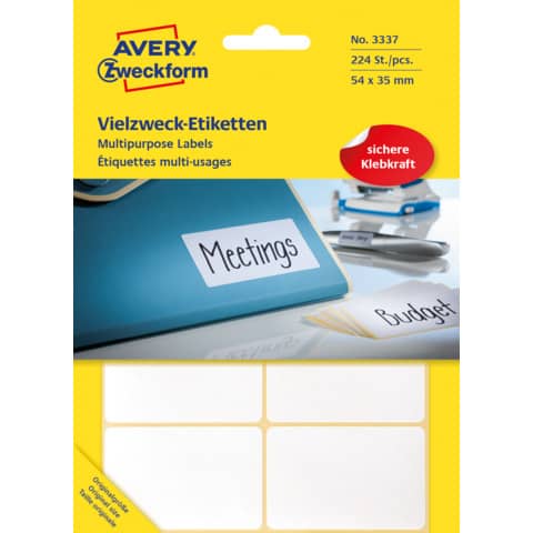 Vielzwecketiketten, 54x35mm, 224 Stück, weiß AVERY ZWECKFORM 3337