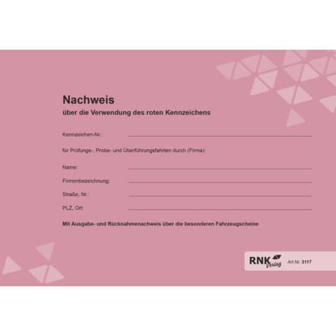 Nachweisheft für rote Kennzeichen, A5 quer, 8 Blatt RNK 3117