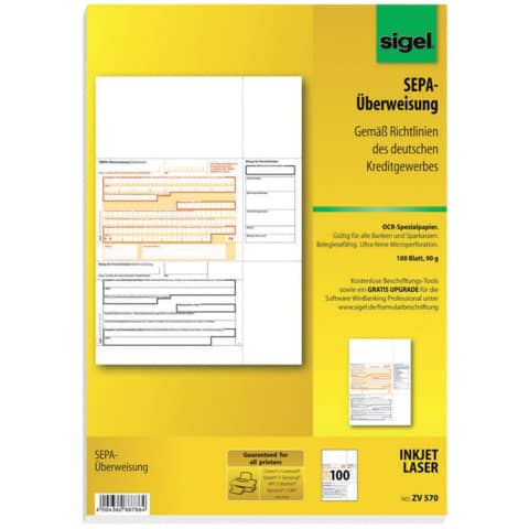 PC-Formular Sepa -Überweisung, A4, 90g/m², 100 Blatt SIGEL ZV570