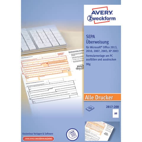 SEPA-Überweisung/Zahlschein, PC-Druckerformular, A4, 200 Blatt AVERY ZWECKFORM 2817-200