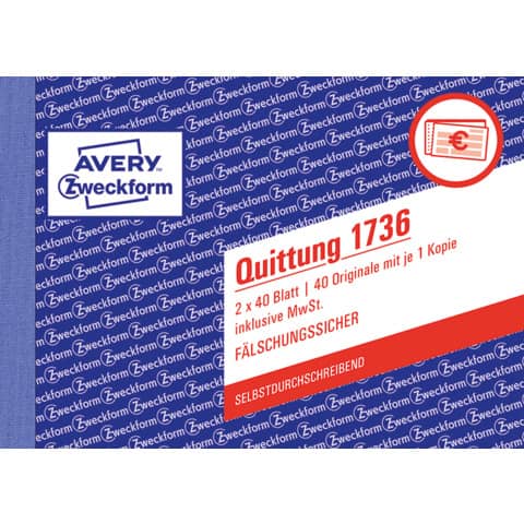 Quittung inkl. MwSt., A6 quer, selbstdurchschreibend, 2x40 Blatt AVERY ZWECKFORM 1736