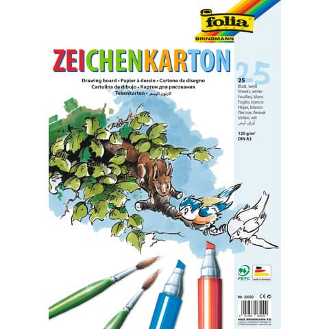 Zeichenkarton, A3, 120g/m², 25 Blatt, weiß FOLIA 8400