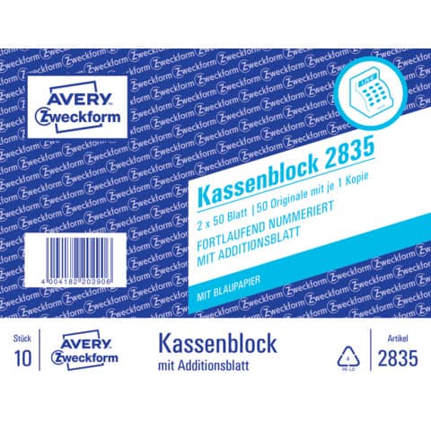 Kassenblock mit Blaupapier, 100x160mm, 2x50 Blatt AVERY ZWECKFORM 2835