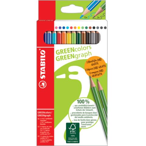 Farbstiftetui Green Colors 12+2 HB sechskantig sortiert STABILO D/87-2450