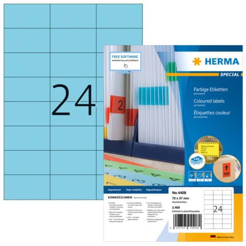 Etiketten permanent, 70x37mm, 2400 Stück, blau HERMA 4408