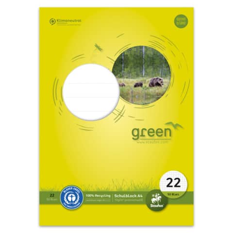 Schulblock, A4, 70g/m², 50 Blatt, Lin.22, kariert ohne Rand STAUFEN GREEN 040750022