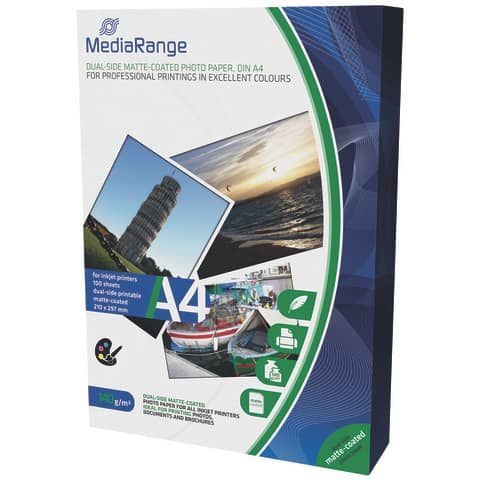 Inkjet Fotopapier 100 Blatt A4 weiß   140g beids.matt MEDIARANGE MRINK111