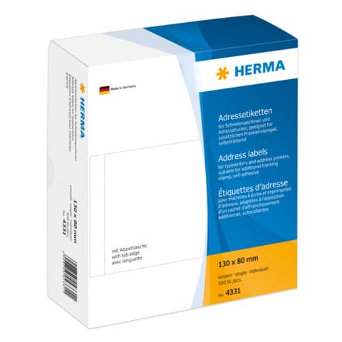 Adressetiketten für Schreibmaschinen permanent, 130x80mm, 500 Stück, weiß HERMA 4331