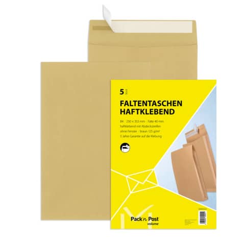 Versandtasche mit Falte 40mm, B4, 130g/m², Haftklebend, 5 Stück, braun MAILMEDIA 30002521