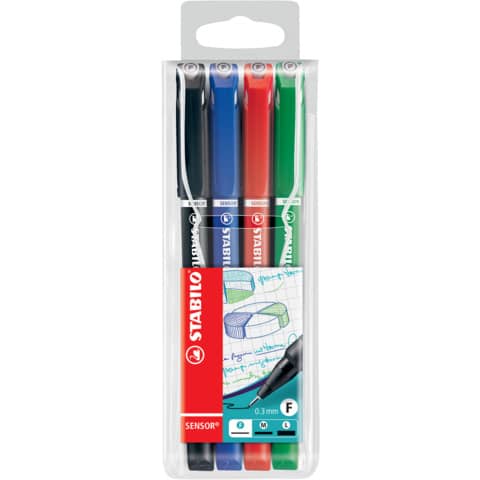 Fineliner SENSOR® fine Etui, 0,3 mm, Kunststoffetui mit 4 Stiften STABILO 189/4