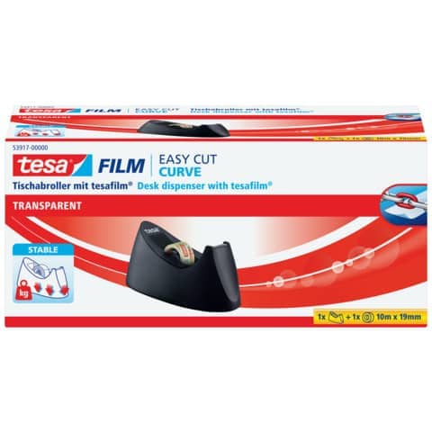 Tischabroller für Klebefilm Curve, 33 m x 19 mm, schwarz, inkl. 1 x  Klebefilm transparent 10m x 19mm TESA 53917-00000-00