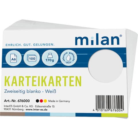 Karteikarte, A6, 100 Stück, blanko, weiß MILAN 676000