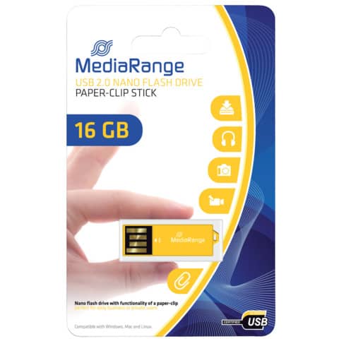 USB Stick 2.0 ClipOn, 16GB, gelb MEDIARANGE MR976