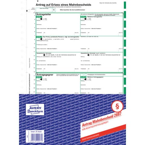 Mahnbescheid für maschinelles Mahnverfahren, A4, selbstdurchschreibend, 1 Satz AVERY ZWECKFORM 2887