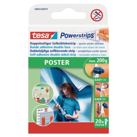 Klebestück Powerstrips® Poster, 15x81mm, 20 Stück, weiß TESA 58003-00079-04