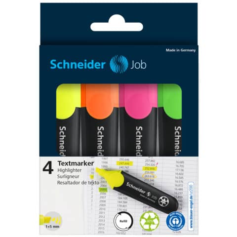 Textmarker Job, nachfüllbar, sortiert, 4er Karton-Etui SCHNEIDER SN50-1500
