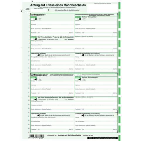 Antrag auf Erlass eines Mahnbescheids neutral, SD, 21 cm x 24", 2 Blatt RNK 705