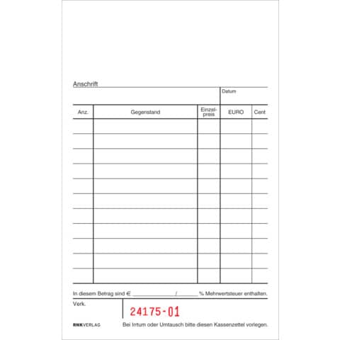 Kassenblock mit Nummerierung, 96 x 167mm, 2 x 50 Blatt RNK 2952