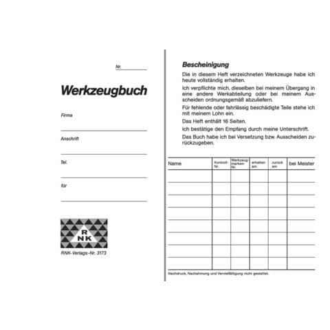 Werkzeugbuch, A6, neutrale Fassung, 8 Blatt RNK 3173