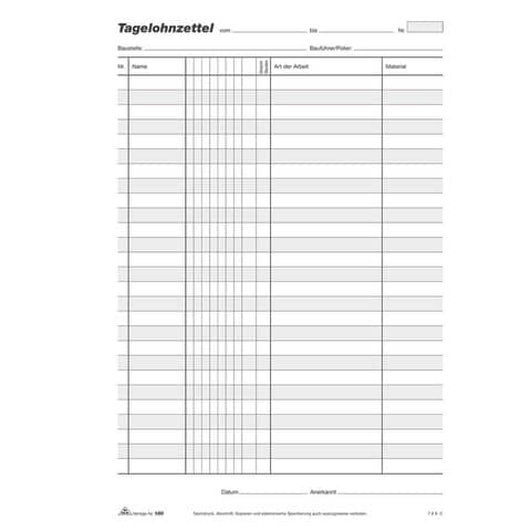 Tagelohnzettel - Block, 3 x 40 Blatt, DIN A4, selbstdurchschreibend RNK 180