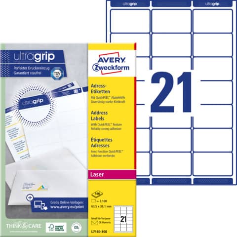 Adress-Etiketten mit ultragrip, 63,5x38,1mm, 2100 Stück, weiß AVERY ZWECKFORM L7160-100