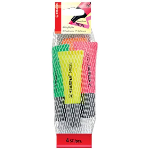 Textmarker Neon, sortiert, Netz mit 4 Stiften STABILO 72/4-1