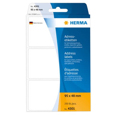 Adressetiketten für Schreibmaschinen, 95x48mm, leporello-gefalzt, 250 Stück, weiß HERMA 4301