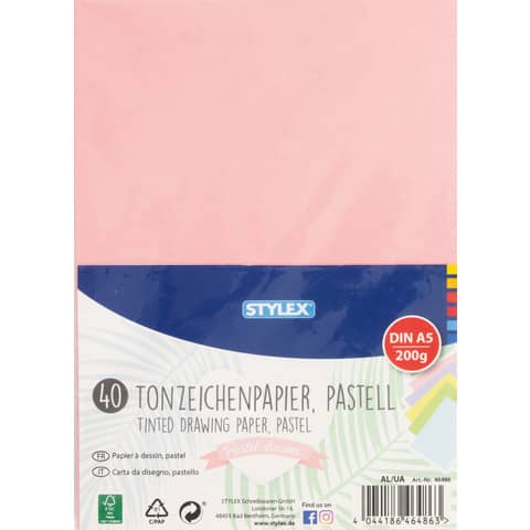 Tonzeichenpapier Pastellfarben, A5, 40 Blatt, sortiert STYLEX 46486