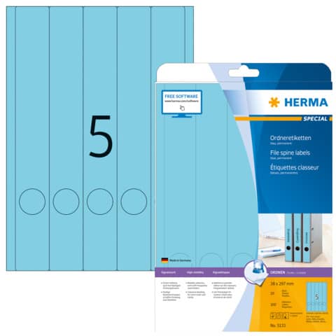 Ordnerrückenschild permanent, 38 x 297 mm, schmal/lang, 100 Stück, blau HERMA 5133