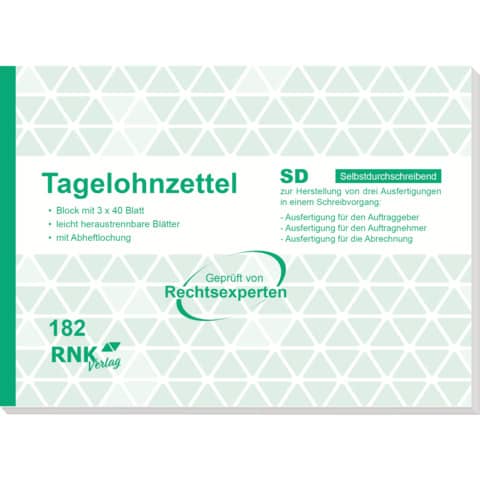 Tagelohnzettel - Block SD, A5 quer, SD, 3 x 40 Blatt, perforiert RNK 182