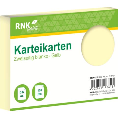 Karteikarte, A6, 170g/m², blanko, 100 Stück, gelb RNK 114761