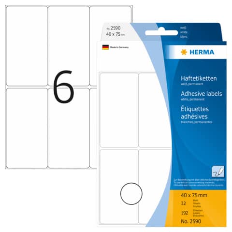 Etiketten permanent, 40x75mm, 192 Stück, weiß HERMA 2590