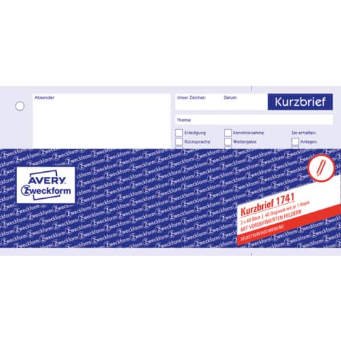 Kurzbrief, 21x10,5cm, selbstdurchschreibend, 2x40 Blatt AVERY ZWECKFORM 1741