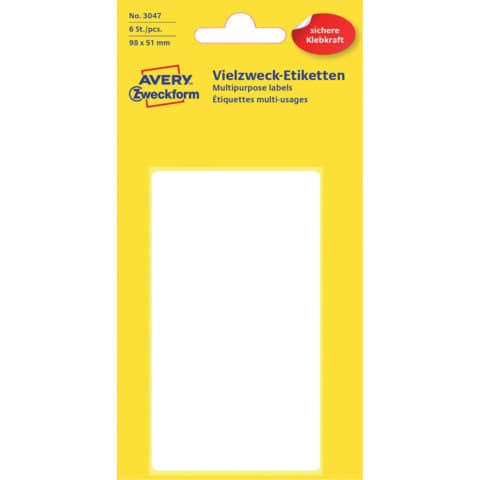 Vielzwecketiketten, 98x51mm, 6 Stück, weiß AVERY ZWECKFORM 3047