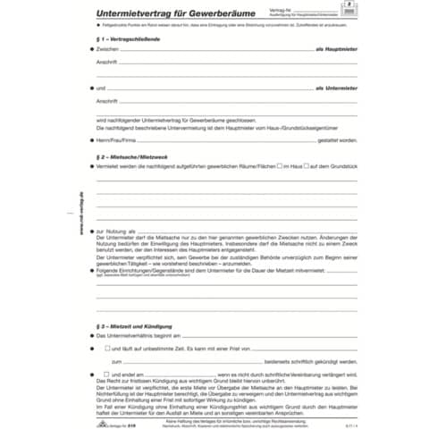 Untermietvertrag für Gewerberäume, 4 Seiten, gefalzt auf DIN A4 RNK 519