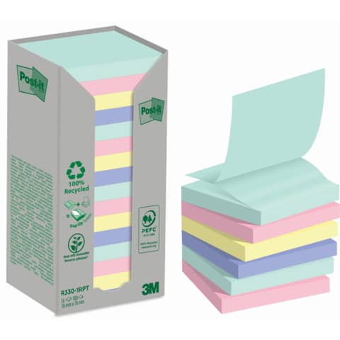 Haftnotizblock Z-Notes Recyceld, 76x76mm, 16x100 Blatt, sortiert POST-IT R330-1RPT