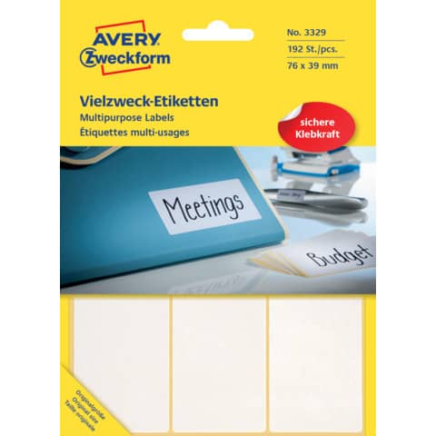 Vielzwecketiketten, 76x39mm, 192 Stück, weiß AVERY ZWECKFORM 3329