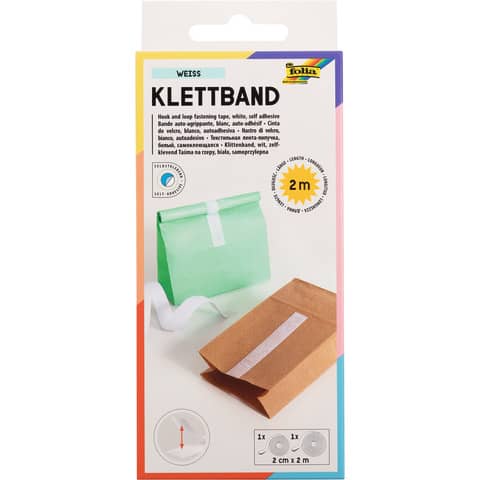 Klettband selbstklebend, 20mmx2m, weiß FOLIA 2302