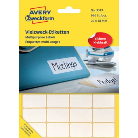 Vielzwecketiketten, 29x18mm, 960 Stück, weiß AVERY ZWECKFORM 3319