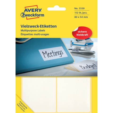 Vielzwecketiketten, 80x54mm, 112 Stück, weiß AVERY ZWECKFORM 3330