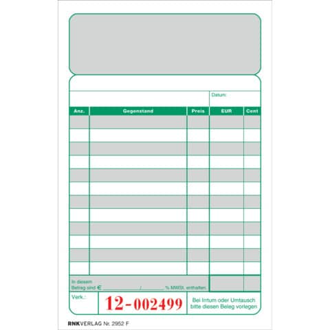 Kassenblock - mit Nummerierung, 96x167mm, 2 x 50 Blatt RNK 2952F