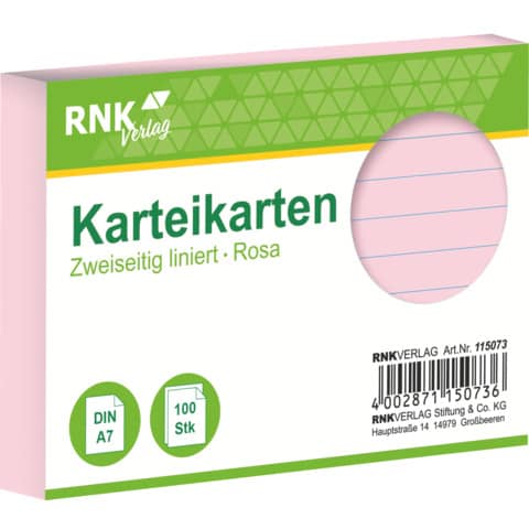 Karteikarte, A7, 170g/m², liniert, 100 Stück, rosa RNK 115073